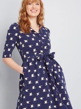 Fever London - Heritage Aria Button-Up Shirt Dress | Size 6 | Navy Cranes
